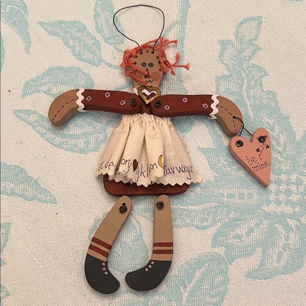 Hand Made Raggedy Ann Wooden Ornament w Hearts